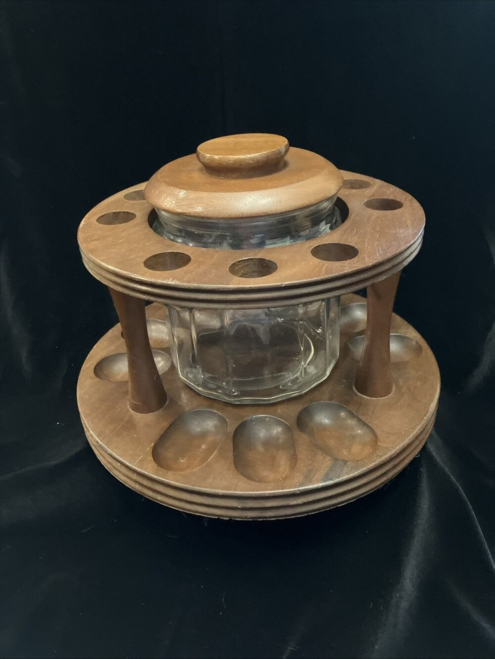 Smoking Pipe Stand 9 PIPE Holder Walnut Wood W/ Glass Humidor Decatur Duk-It MCM
